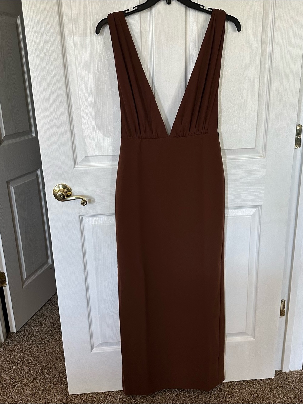 Reformation Backless Deep V Maxi Dress in Chocolate Brown